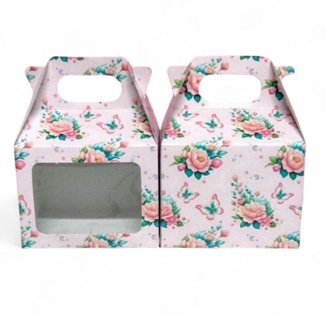Caja impresa con manija maletin con visor lateral. 13X9X10 Ideal tazas, packaging pequeño. Ideal regalo femenino, dia de la madre, etc