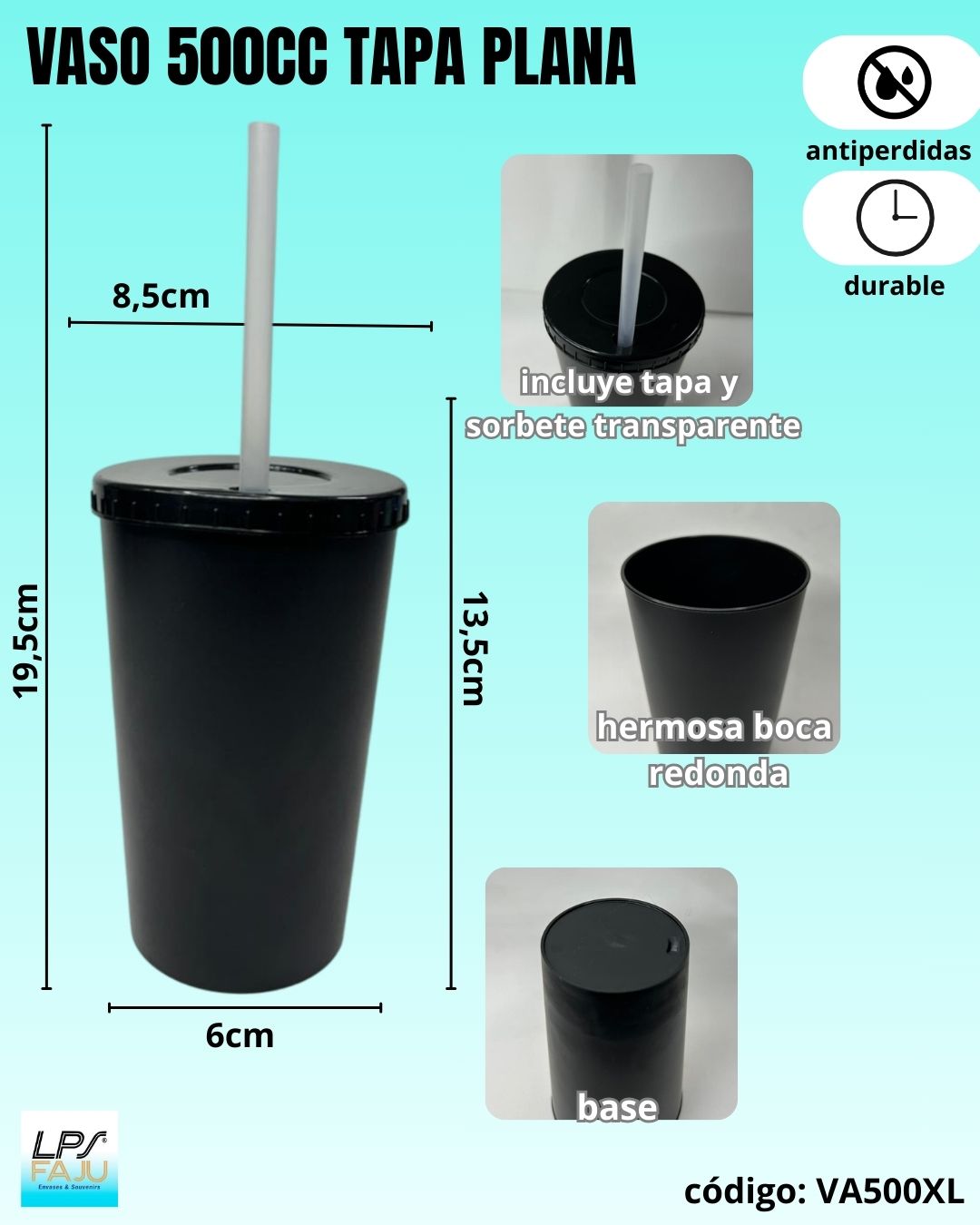 Vaso de plastico 500cc con tapa PLANA y sorbete REUTILIZABLE (transparente) Medida 8,5x13,5cm. Pasteles: Verde,Lila, Celeste y Rosa. Colores fuertes: Negro 