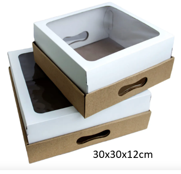 Caja 30x30x12 con bandeja microcorrugado visor desayuno, packaging.