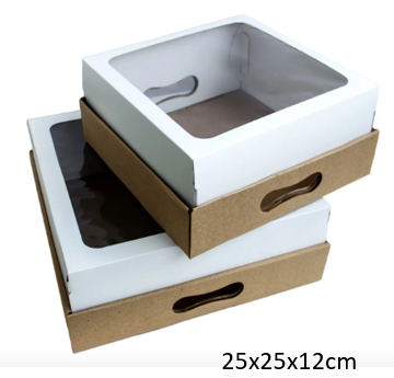Caja 25X25X12cm bandeja con base microcorrugado con tapa visor cartulina 350grm. Especial Desayuno.