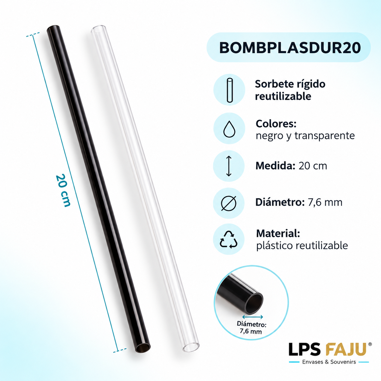 Sorbete rígido 20 cm reutilizable para vasos sorbes souvenirs

DESCRIPCION

Prácticos, firmes y pensados para un mejor calce en recipientes altos, estos sorbetes rígidos de 20 cm son una excelente opción para bebidas frías y presentaciones más prolijas. Están fabricados en plástico reutilizable, vienen en color negro y transparente, y por su diámetro de 7,6 mm resultan especialmente recomendados para vasos sorbeteros. Una alternativa ideal para quienes buscan sorbetes reutilizables por mayor, bombillas plásticas y accesorios para vasos.

CARACTERISTICAS
- Material: plástico reutilizable
- Medida: 20 cm
- Diámetro: 7,6 mm
- Colores disponibles: negro y transparente
- Tipo: rígido
- Presentación: Venta por Unidad
- Atributo destacado: ideales para vasos sorbetes souvenirs

USOS E IDEAS
Ideales para vasos sorbeteros, bebidas frías, licuados, tragos, eventos, candy bar y propuestas gastronómicas. También son una muy buena opción para emprendedores, revendedores y comercios que buscan accesorios reutilizables para vasos y fiestas.
Somos LPS FAJU, fabricantes, mayoristas e importadores directos de envases, souvenirs, packaging e insumos para emprendimientos, fiestas y eventos. Fotos ilustrativas.