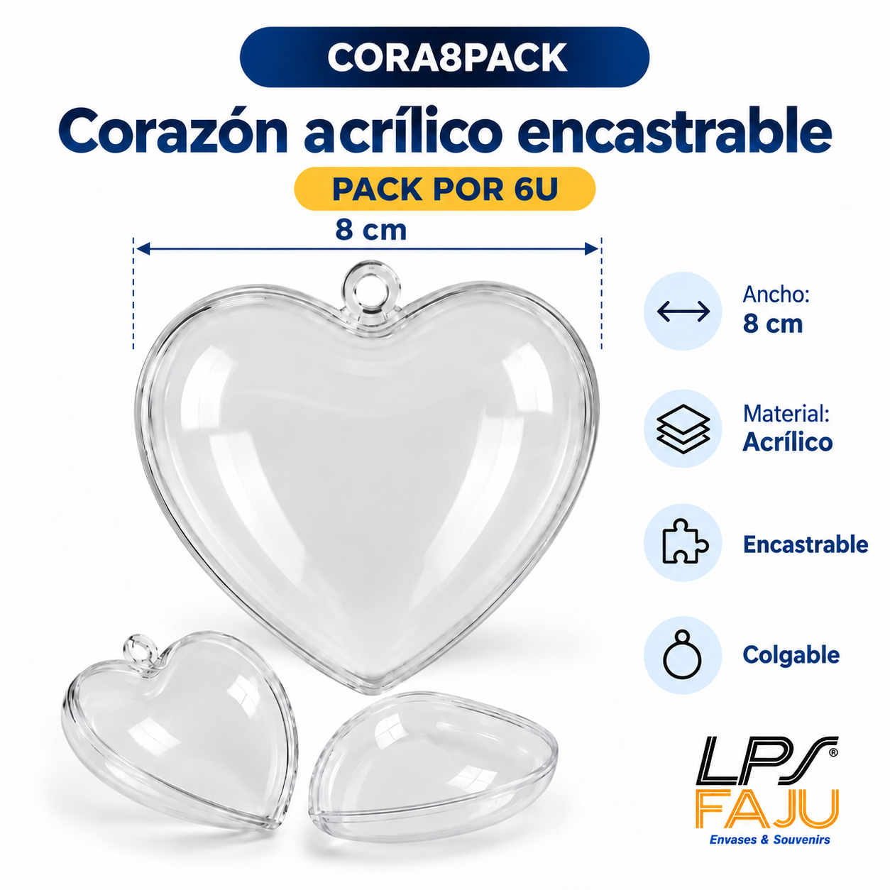 Corazón acrílico encastrable 10 cm pack x 6 unidades

DESCRIPCION

Una opción original para crear souvenirs y presentaciones que se destaquen. Este corazón acrílico encastrable de 8 cm está formado por dos mitades transparentes que se unen fácilmente y permiten colocar en su interior golosinas, pequeños regalos, confeti o elementos decorativos. Su formato colgable y transparente es ideal para quienes buscan corazones para souvenirs, adornos rellenables o packaging creativo para personalizar.

CARACTERISTICAS

Material: acrílico transparente
Medida: 8 cm de ancho
Presentación: pack por 6 unidades
Diseño: 2 mitades encastrables
Sistema: apertura y cierre por encastre
Incluye punto superior para colgar
Color: transparente
Presentación del producto: Liso para personalizar
Liviano y reutilizable

USOS E IDEAS

Ideal para souvenirs de cumpleaños, casamientos, bautismos, comuniones, San Valentín, eventos empresariales y regalos personalizados. Podés rellenarlos con golosinas, mini obsequios, flores secas, confeti o pequeños detalles y convertirlos en corazones transparentes personalizados para fiestas y eventos.

Las fotos son ilustrativas. Somos LPS FAJU, fabricantes, mayoristas e importadores directos de envases, souvenirs y packaging para fiestas, eventos y emprendimientos.