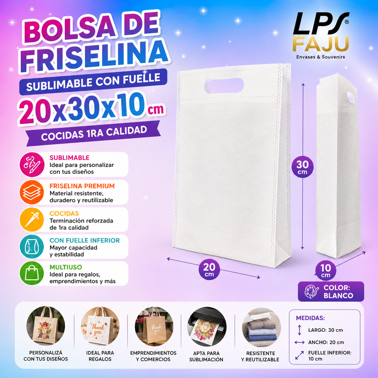 Bolsa de Friselina Sublimable 20x30x10 cm con Fuelle – Blanca (1ra Calidad)
Resistente y versátil, ideal para personalizar con tu marca. Con fuelle inferior que brinda mayor capacidad, perfecta para packaging, regalos y uso comercial. 
Confeccionada en friselina blanca de excelente terminación, lista para sublimar y destacar tus productos.