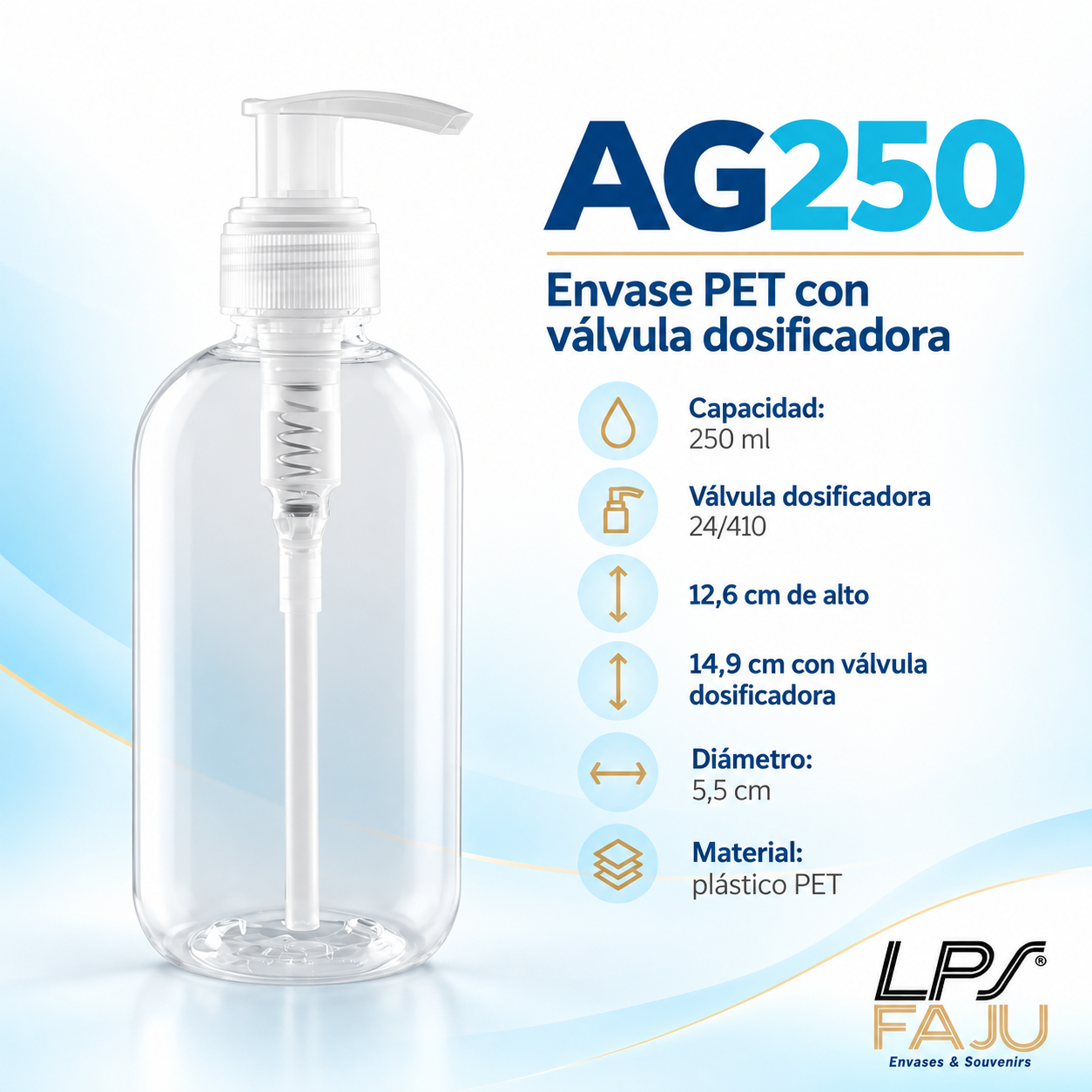 Envase PET 250 ml con válvula dosificadora

DESCRIPCION

Práctico, liviano y con una presentación profesional, este envase PET de 250 ml incorpora válvula dosificadora cremera 24/410 para una aplicación cómoda y controlada. Su cuerpo transparente permite visualizar el contenido y ofrece una excelente superficie para etiquetar o personalizar. Ideal para quienes buscan envases con válvula dosificadora, botellas PET para cosmética y packaging por mayor para desarrollar su propia línea de productos.

CARACTERISTICAS
- Material: plástico PET
- Capacidad: 250 ml
- Alto del envase: 12,6 cm
- Alto con válvula dosificadora: 14,9 cm
- Diámetro: 5,5 cm
- Válvula dosificadora: 24/410
- Color: transparente
- Presentación: Liso para personalizar
- Área de personalización: superficie exterior del envase
- Valvula Cremera Negra o transparente
USOS E IDEAS
Ideal para cremas, lociones, jabón líquido, shampoo, acondicionador, gel y productos de cuidado personal. Una excelente opción para emprendimientos y marcas que buscan envases PET de 250 ml con válvula dosificadora por mayor para cosmética y líneas personalizadas.
Somos LPS FAJU, fabricantes, mayoristas e importadores directos de envases, souvenirs, packaging e insumos para emprendimientos, fiestas y eventos. Fotos ilustrativas.