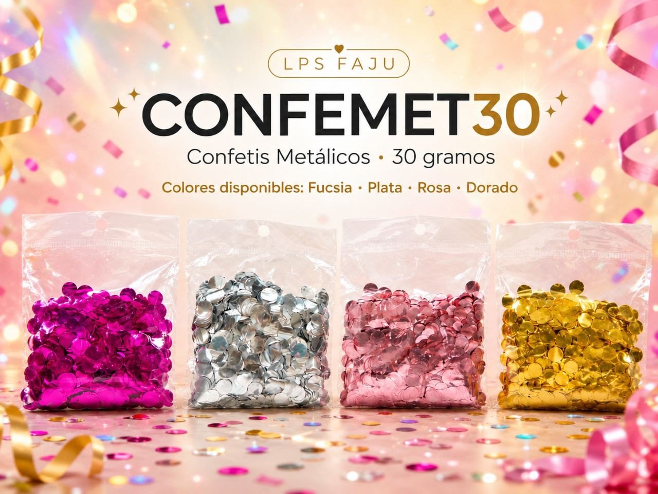 Bolsa Confeti metalizado. Colores Dorado -Plateado - rosa gold - Fucsia . Presentacion 30 gramos
