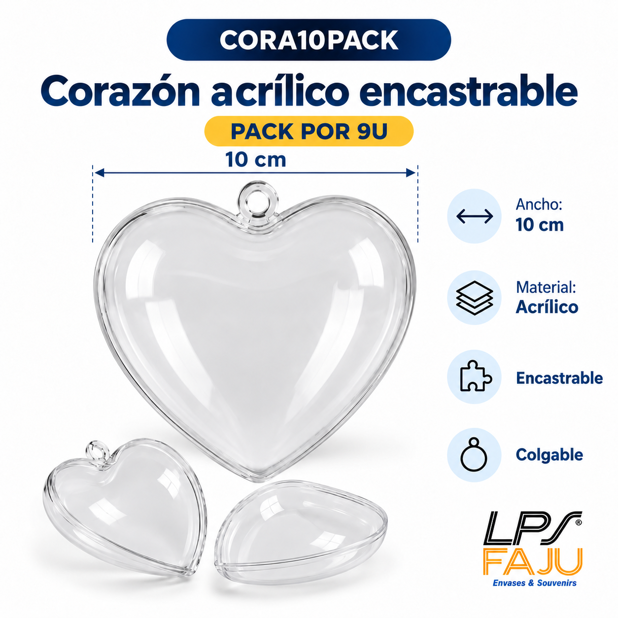 Corazón acrílico encastrable 10 cm pack x 9 unidades

DESCRIPCION

Una opción original para crear souvenirs y presentaciones que se destaquen. Este corazón acrílico encastrable de 10 cm está formado por dos mitades transparentes que se unen fácilmente y permiten colocar en su interior golosinas, pequeños regalos, confeti o elementos decorativos. Su formato colgable y transparente es ideal para quienes buscan corazones para souvenirs, adornos rellenables o packaging creativo para personalizar.

CARACTERISTICAS

Material: acrílico transparente
Medida: 10 cm de ancho
Presentación: pack por 9 unidades
Diseño: 2 mitades encastrables
Sistema: apertura y cierre por encastre
Incluye punto superior para colgar
Color: transparente
Presentación del producto: Liso para personalizar
Liviano y reutilizable

USOS E IDEAS

Ideal para souvenirs de cumpleaños, casamientos, bautismos, comuniones, San Valentín, eventos empresariales y regalos personalizados. Podés rellenarlos con golosinas, mini obsequios, flores secas, confeti o pequeños detalles y convertirlos en corazones transparentes personalizados para fiestas y eventos.

Las fotos son ilustrativas. Somos LPS FAJU, fabricantes, mayoristas e importadores directos de envases, souvenirs y packaging para fiestas, eventos y emprendimientos.