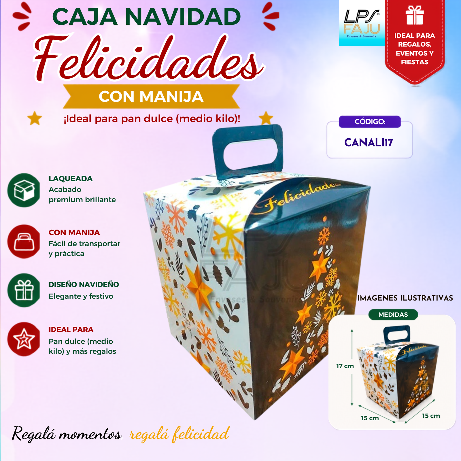 Caja Navidad con manija Felicidades. Ideal pan dulce (medio kilo). Laqueada. Medida 17x15x15cm 