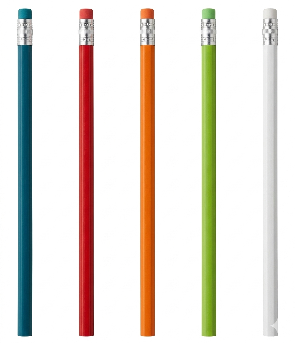 Lapiz negro atenas con goma de borrar. 19cm.Colores azul, blanco, rojo, naranja, verde