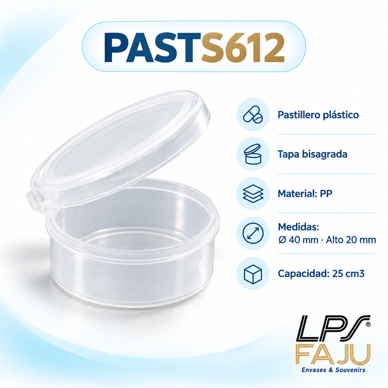 Pote Pastillero plástico 25 cm³ con tapa bisagra

DESCRIPCION

Compacto, práctico y fácil de usar, este pastillero plástico con tapa bisagra es ideal para guardar pequeñas piezas, temperas, pintura acrilica,  comprimidos, muestras, o accesorios. Es hermetico . Fabricado en PP, cuenta con una capacidad de 25 cm³ y un formato redondo de 40 mm de diámetro, ofreciendo una solución funcional para quienes buscan potes pastilleros, envases plásticos pequeños y recipientes con tapa integrada por mayor.

CARACTERISTICAS
- Material: PP
- Capacidad: 25 cm³
- Diámetro: 40 mm
- Alto: 20 mm
- Tapa bisagrada integrada
- Color: transparente
- Presentación: Liso para personalizar
- Formato compacto y liviano

USOS E IDEAS
Ideal para pastillas, pintura actilica, temperas, muestras, pequeños accesorios, bijouterie, insumos, souvenirs,  y organización de piezas pequeñas. Una opción práctica para emprendimientos, laboratorios, comercios y revendedores que buscan pastilleros plásticos con tapa bisagrada por mayor.
Somos LPS FAJU, fabricantes, mayoristas e importadores directos de envases, souvenirs, packaging e insumos para emprendimientos, fiestas y eventos. Fotos ilustrativas.