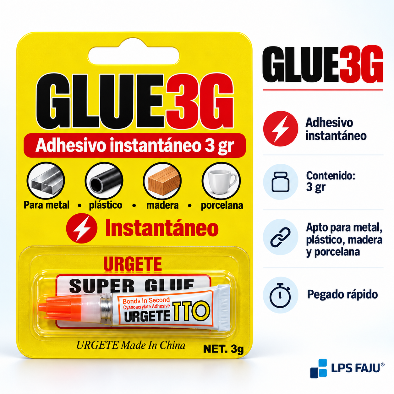 Adhesivo instantáneo 3 g para múltiples materiales

DESCRIPCION

Pegado rápido y práctico para reparaciones, manualidades y trabajos cotidianos. Este adhesivo instantáneo de 3 g está indicado para unir metal, plástico, madera y porcelana, ofreciendo una solución compacta y fácil de tener siempre a mano. Ideal para quienes buscan pegamento instantáneo, adhesivo de secado rápido o pegamento para manualidades y reparaciones.

CARACTERISTICAS

- Contenido: 3 g
- Tipo: adhesivo instantáneo
- Apto para: metal, plástico, madera y porcelana. Ideal artesanias
- Presentación: tubo individual en blister
- Aplicación: punta dosificadora
- Pegado rápido

USOS E IDEAS
Ideal para reparaciones domésticas, manualidades, armado de souvenirs, trabajos de bricolaje y pequeños arreglos sobre distintos materiales. Una opción práctica para comercios, talleres, emprendedores y revendedores que buscan adhesivo instantáneo por mayor.
Somos LPS FAJU, fabricantes, mayoristas e importadores directos de envases, souvenirs, packaging e insumos para emprendimientos, fiestas y eventos. Fotos ilustrativas.