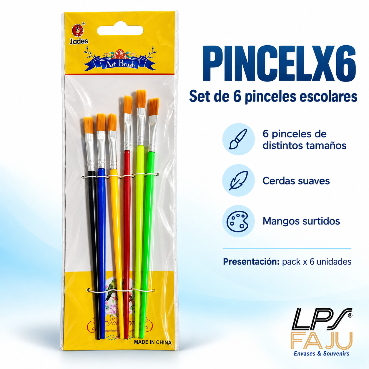 Set de 6 pinceles escolares para manualidades

DESCRIPCION

Un set práctico para tener distintos tamaños de pincel en una sola presentación. Incluye 6 pinceles escolares con cerdas suaves y resistentes, ideales para pintura, actividades creativas y trabajos de manualidades. Sus mangos vienen en colores surtidos y los diferentes tamaños permiten adaptarse tanto a detalles como a superficies más amplias. Una excelente opción para quienes buscan pinceles para manualidades, materiales escolares y artículos de artística por mayor.

CARACTERISTICAS
- Contenido: 6 pinceles
- Tamaños: diferentes medidas dentro del mismo set
- Cerdas: suaves y resistentes
- Mangos: colores surtidos
- Material: Plastico
- Presentación: pack x 6 unidades
- Uso recomendado: escolar, artístico y manualidades

USOS E IDEAS
Ideales para pintura escolar, talleres infantiles, actividades creativas, manualidades, souvenirs para pintar y kits de arte para chicos. También son una opción práctica para librerías, talleres, emprendedores y revendedores que buscan pinceles escolares por mayor.
Somos LPS FAJU, fabricantes, mayoristas e importadores directos de envases, souvenirs, packaging e insumos para emprendimientos, fiestas y eventos. Fotos ilustrativas.