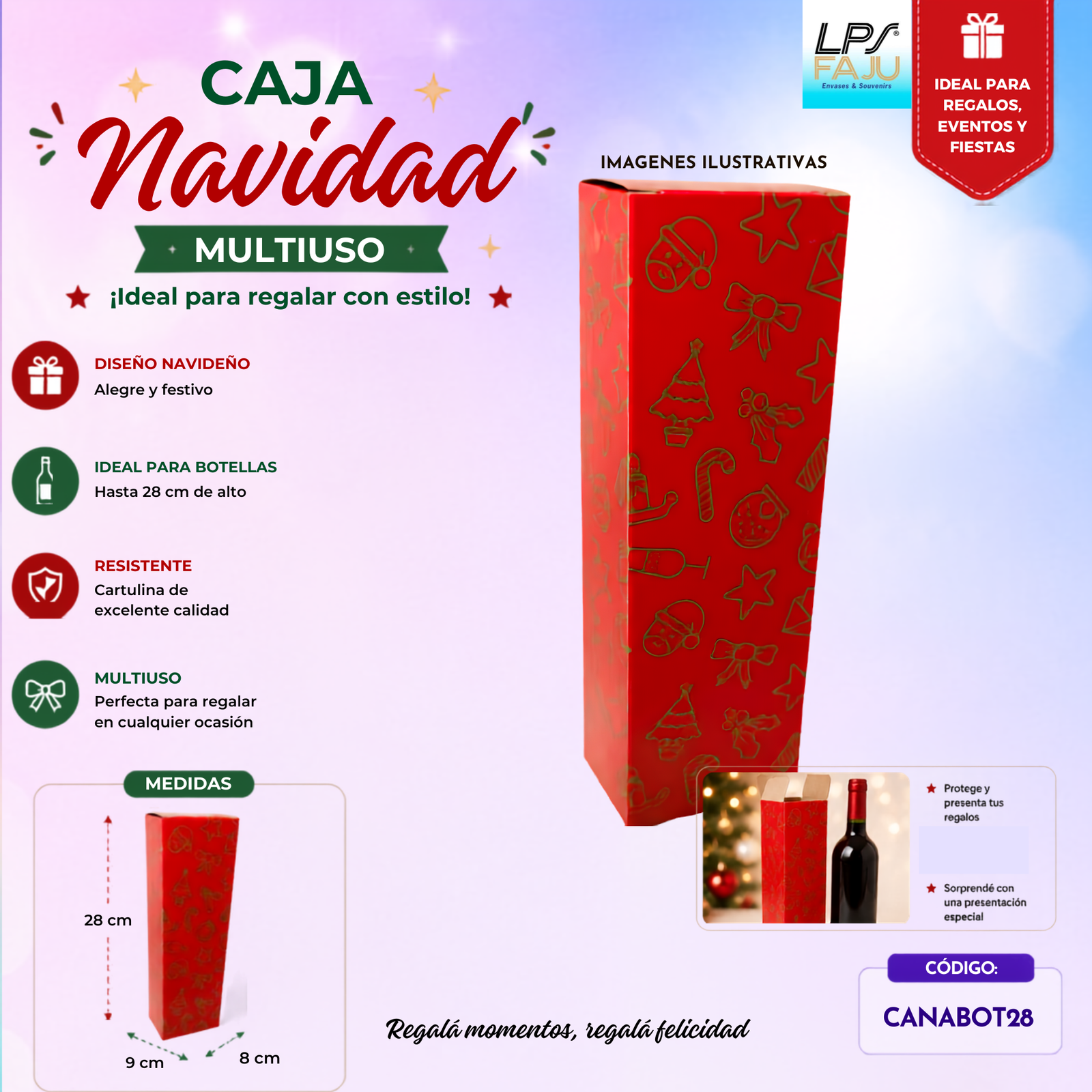 Caja Navidad. Multiuso. Ideal Botella hasta 28cm alto. Medida 28x9x8cm
