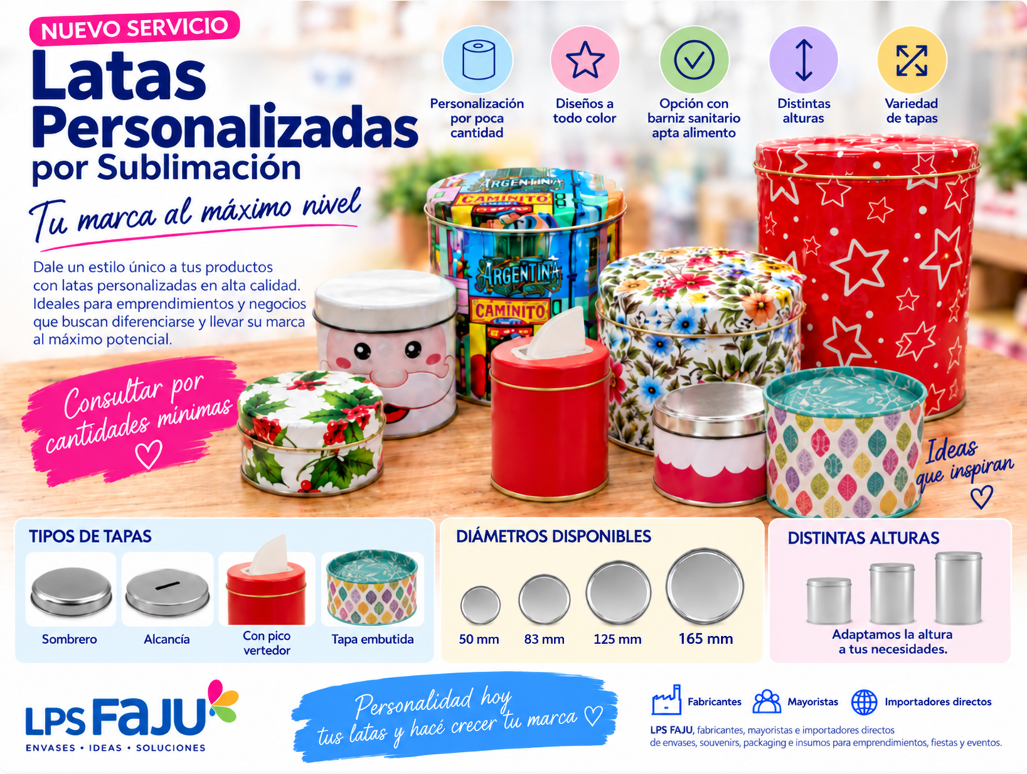 Lata 83x140mm tapa sombrero impresa personalizada  sublimada acabado brillante. 
con Barniz Sanitario
Eleva tu marca al maximo nivel.
Opcion con barniz sanitario apto alimento.
Consultar costos, cantidades minimas y tiempos de entrega.
Consulta por otras medidas. 
Presupuesto segun cantidades desde 100 unidades. 
Cotiza Ahora 