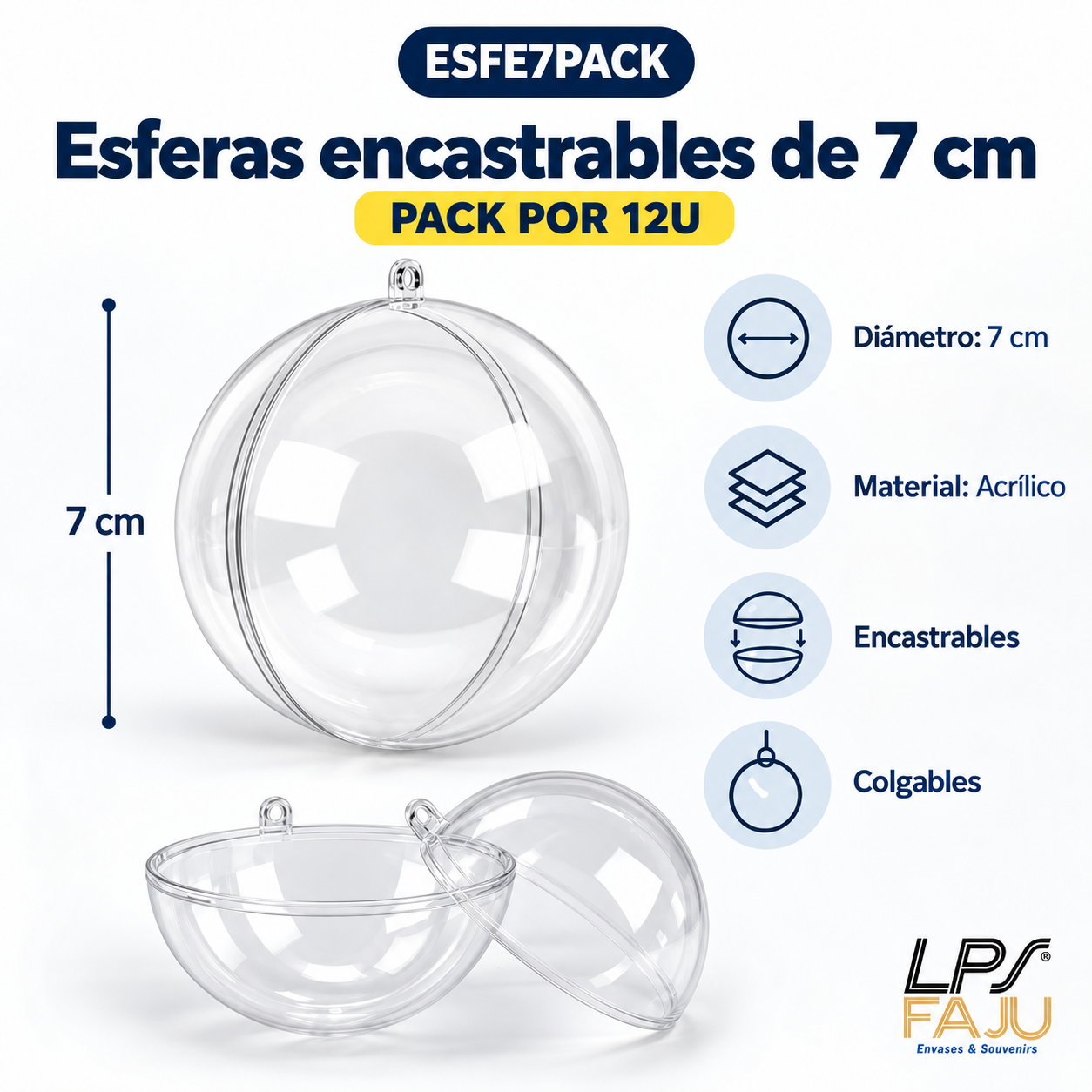Esfera encastrable transparentes 7cm - PACK POR 12 UNIDADES

DESCRIPCION

Una opción versátil y original para crear souvenirs, adornos y decoraciones personalizadas. Esta esfera acrílica encastrable de 7 cm está formada por dos mitades que se unen fácilmente, permitiendo colocar en su interior golosinas, pequeños regalos, papelería decorativa, fotos, Navidad  y distintos elementos. Su terminación transparente permite lucir el contenido y aprovechar toda la superficie para armar esferas personalizadas para eventos, fiestas y emprendimientos.

CARACTERISTICAS

Material: acrílico transparente
Medida: 7 cm de diámetro
Diseño: 2 medias esferas encastrables
Sistema: apertura y cierre por encastre
Incluye punto superior para colgar
Color: transparente
Presentación: Liso para personalizar
Reutilizable y liviana
PACK POR 12U

USOS E IDEAS

Ideal para souvenirs de cumpleaños, Navidad, casamientos, bautismos, comuniones, eventos empresariales y decoración temática. Podés rellenarla con golosinas, confeti, mini regalos o elementos decorativos y usarla como esfera colgante personalizada. Las fotos son ilustrativas. Somos LPS FAJU, fabricantes, mayoristas e importadores directos de envases, souvenirs y packaging para fiestas, eventos y emprendimientos