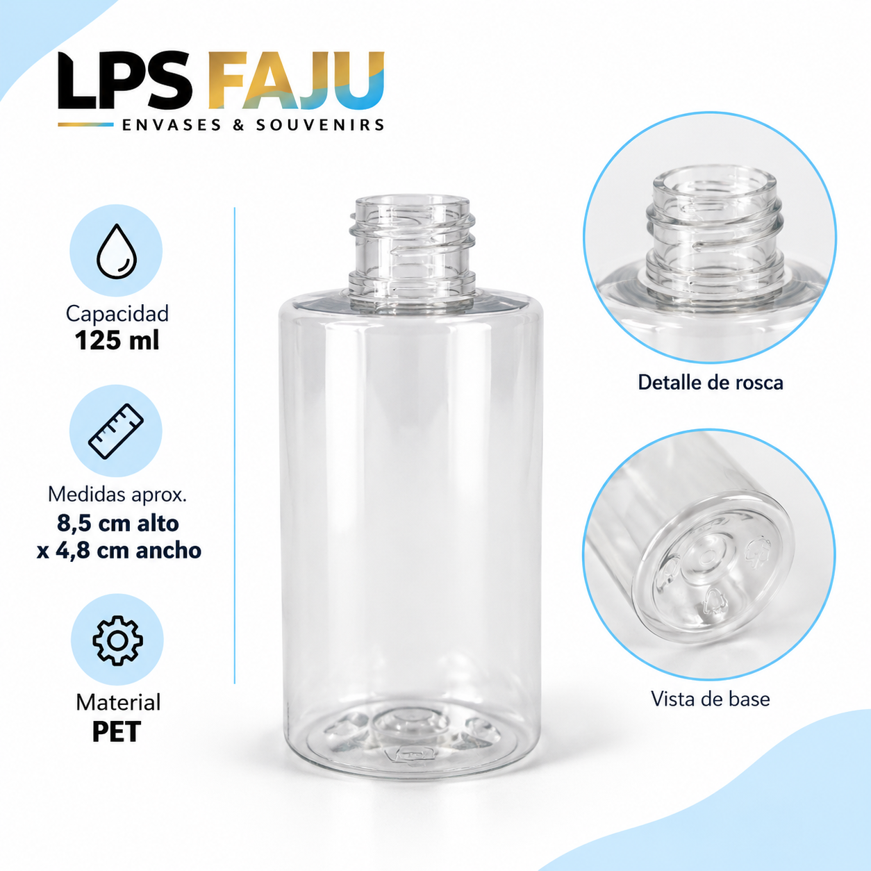 El envase VENE125 está fabricado en plástico PET cristaL. Esta versión se entrega sin tapa.
Capacidad: 125 cc. Altura del envase: 9,5 cm. .Altura para etiqueta: 7 cm. Diámetro: 4,8 cm. Rosca: 24/410.