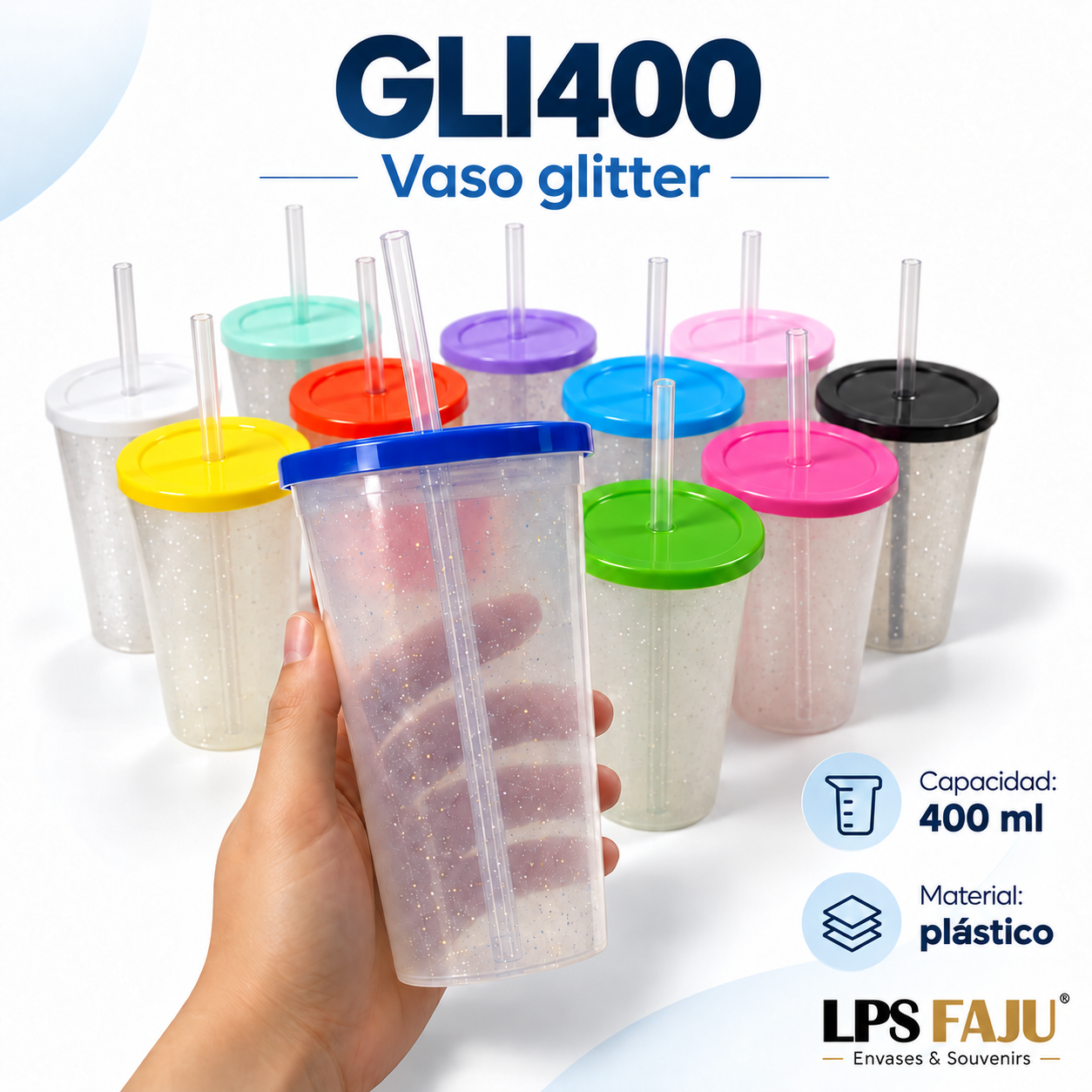 Vaso glitter 400 ml con tapa y sorbete transparente 

DESCRIPCION
Un vaso llamativo y reutilizable para darle un toque especial a cumpleaños, eventos y souvenirs. Este vaso glitter de 400 ml incluye tapa de color y sorbete transparente, combinando un cuerpo transparente con efecto brillante y accesorios coloridos. Es ideal para quienes buscan vasos con glitter, vasos para personalizar y opciones por mayor para fiestas, emprendimientos y reventa. Ademas es un vaso excelente a un precio unico.

CARACTERISTICAS
- Material: plástico
- Capacidad: 400 ml
- Terminación: transparente con glitter
- Incluye tapa
- Incluye sorbete transparente descartable
- Colores de tapa y sorbete: surtidos
- Presentación: Liso para personalizar
- Reutilizable
- Área de personalización: superficie exterior del vaso

USOS E IDEAS
Ideal para souvenirs de cumpleaños infantiles, fiestas temáticas, eventos, egresados, Día del Niño y kits personalizados. También es una excelente opción para emprendimientos y revendedores que buscan vasos glitter de 400 ml por mayor para decorar con vinilo, DTF UV, stickers o diseños propios.
Somos LPS FAJU, fabricantes, mayoristas e importadores directos de envases, souvenirs, packaging e insumos para emprendimientos, fiestas y eventos. Fotos ilustrativas.